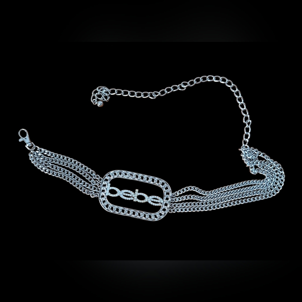 bebe Y2K Logo Chainmail Belt Rhinestone Buckle Silver Metal Edgy Castlecore